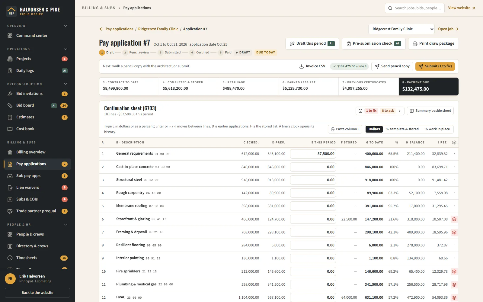 Pay application #7 in the demo back office: the G702 summary and current payment due above the G703 continuation sheet with scheduled, previous, this-period, stored and retainage columns
