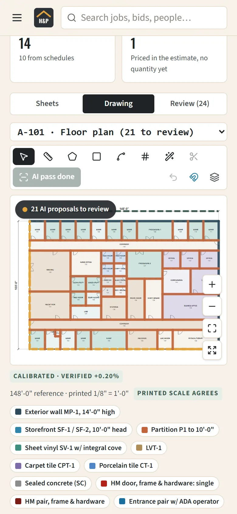 The same takeoff on a phone: the floor plan with 21 AI proposals to review, the drawing tools, and the sheet's verified scale