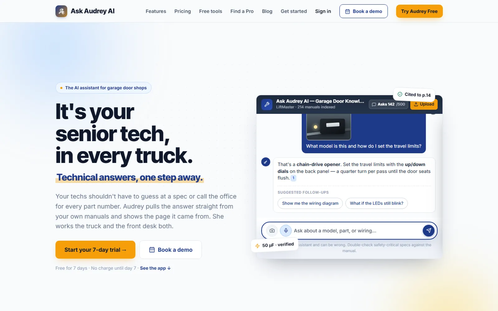 Ask Audrey AI homepage hero: 'It's your senior tech, in every truck' beside a mock chat answering a garage door opener question