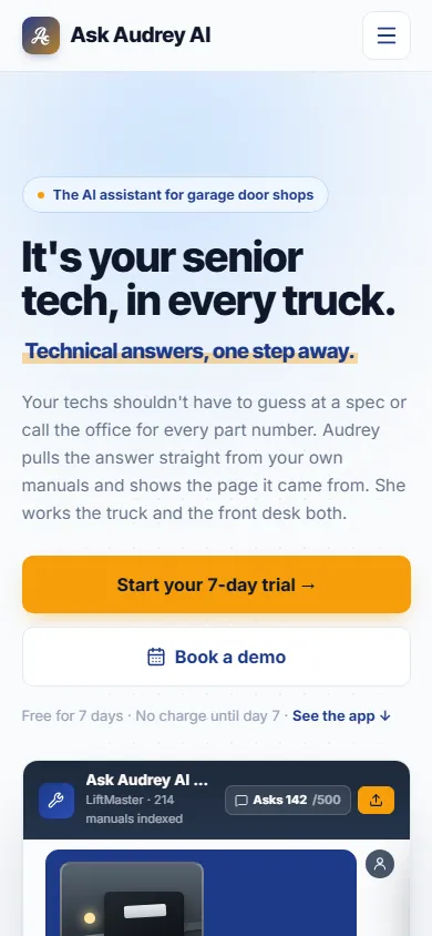 Ask Audrey AI homepage on a 390px phone screen with stacked headline and full-width trial and demo buttons