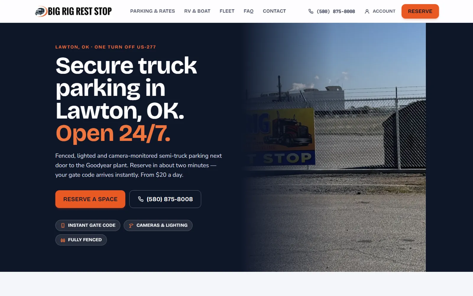 Big Rig Rest Stop homepage: navy hero reading 'Secure truck parking in Lawton, OK. Open 24/7.' beside a photo of the fenced lot and its sign