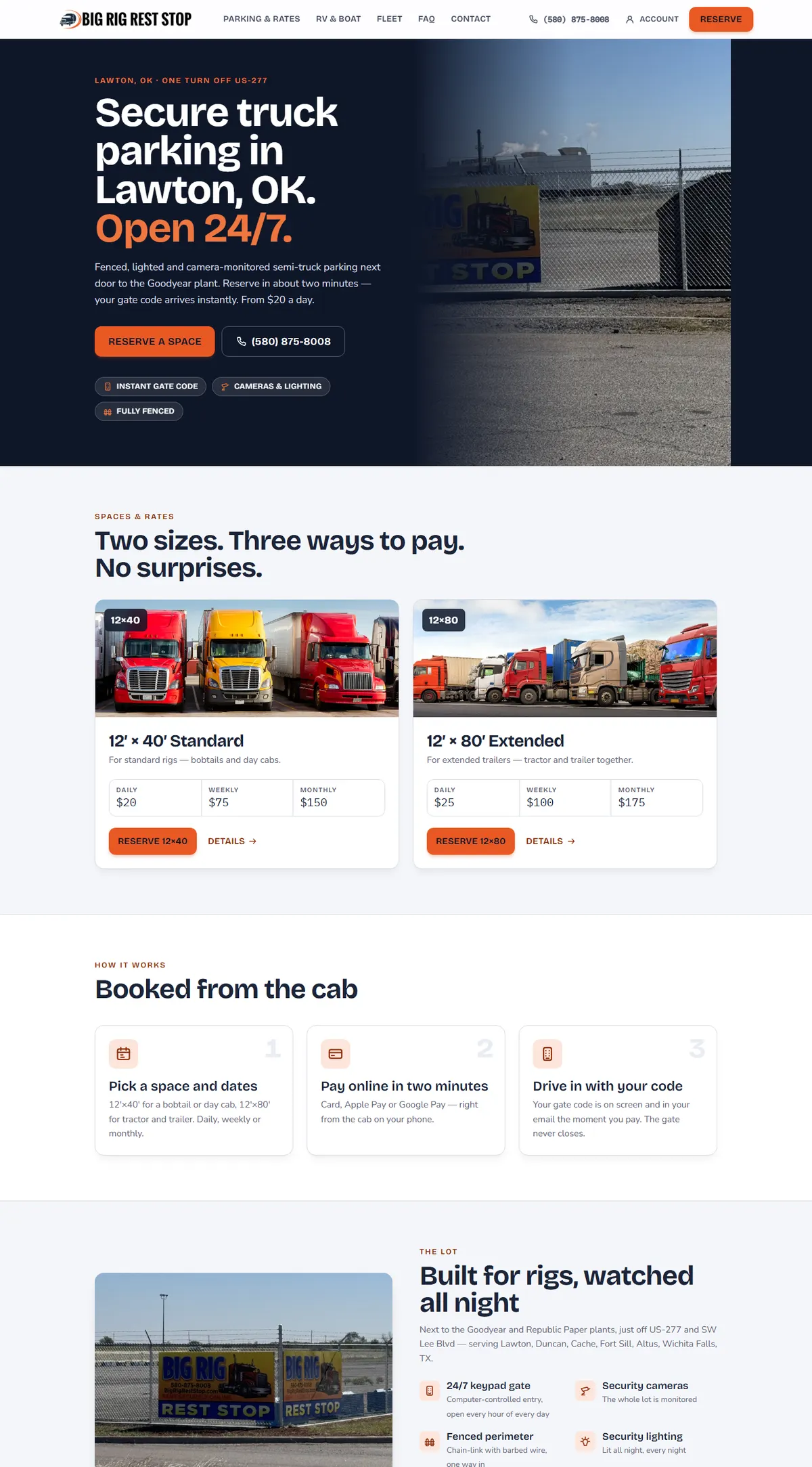 Full Big Rig Rest Stop homepage: hero, two space sizes with daily, weekly and monthly prices, a three-step how-it-works section, and lot security features