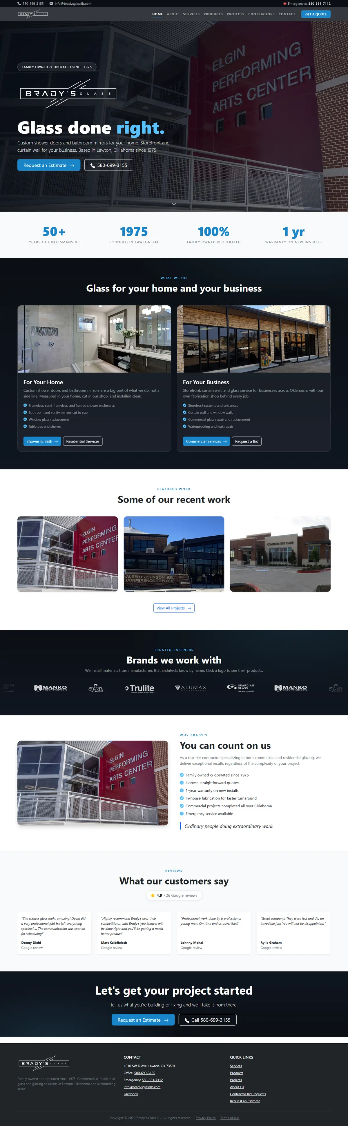 Full Brady's Glass homepage: hero, stats strip (50+ years, founded 1975), home and business service cards, featured projects, supplier logos, why-us list, customer reviews, call to action and footer