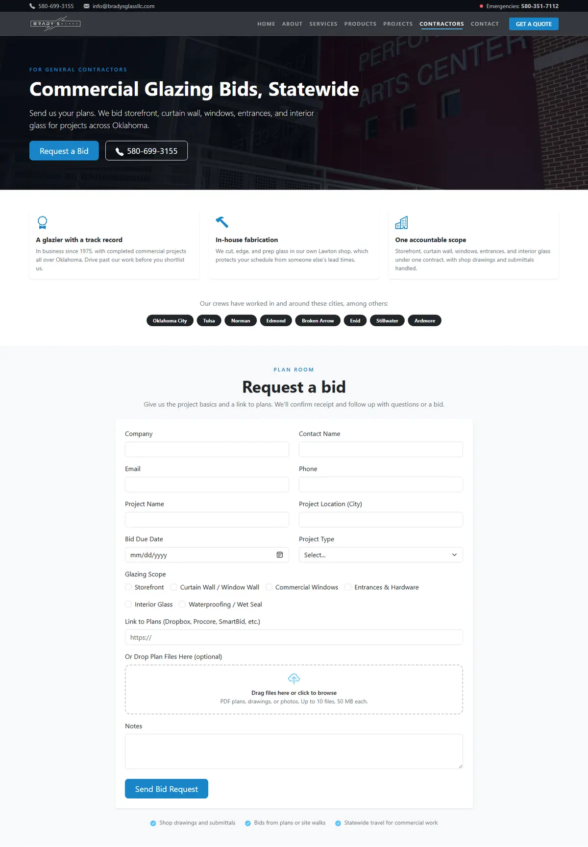 Brady's Glass contractors page with a plan room bid request form: company, project, bid due date, glazing scope checkboxes, plan link and file upload