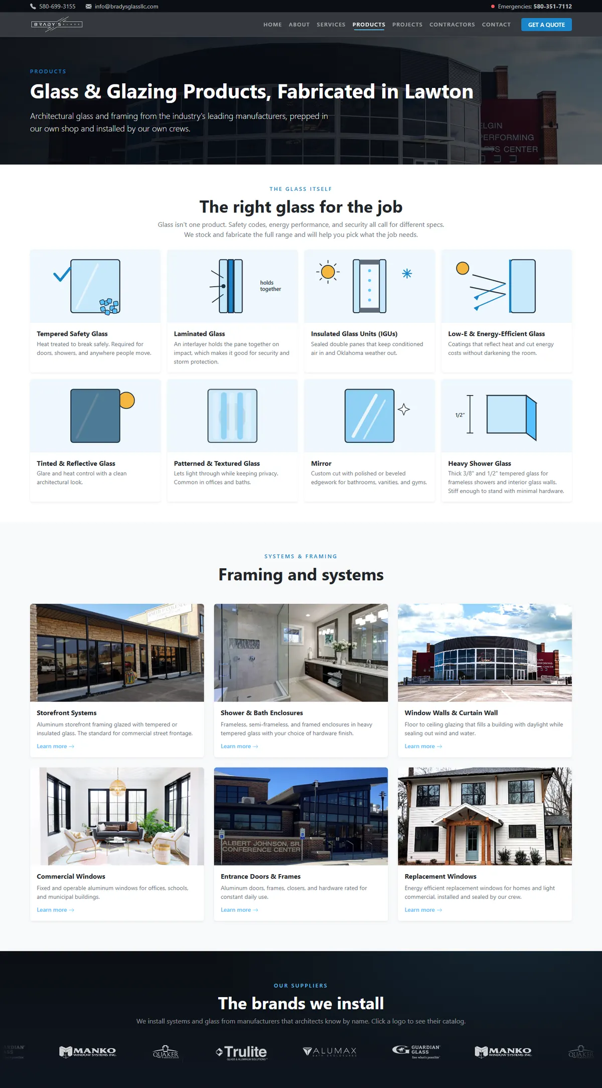Brady's Glass products page: illustrated cards for eight glass types and photo cards for six framing systems, each linking to its own page