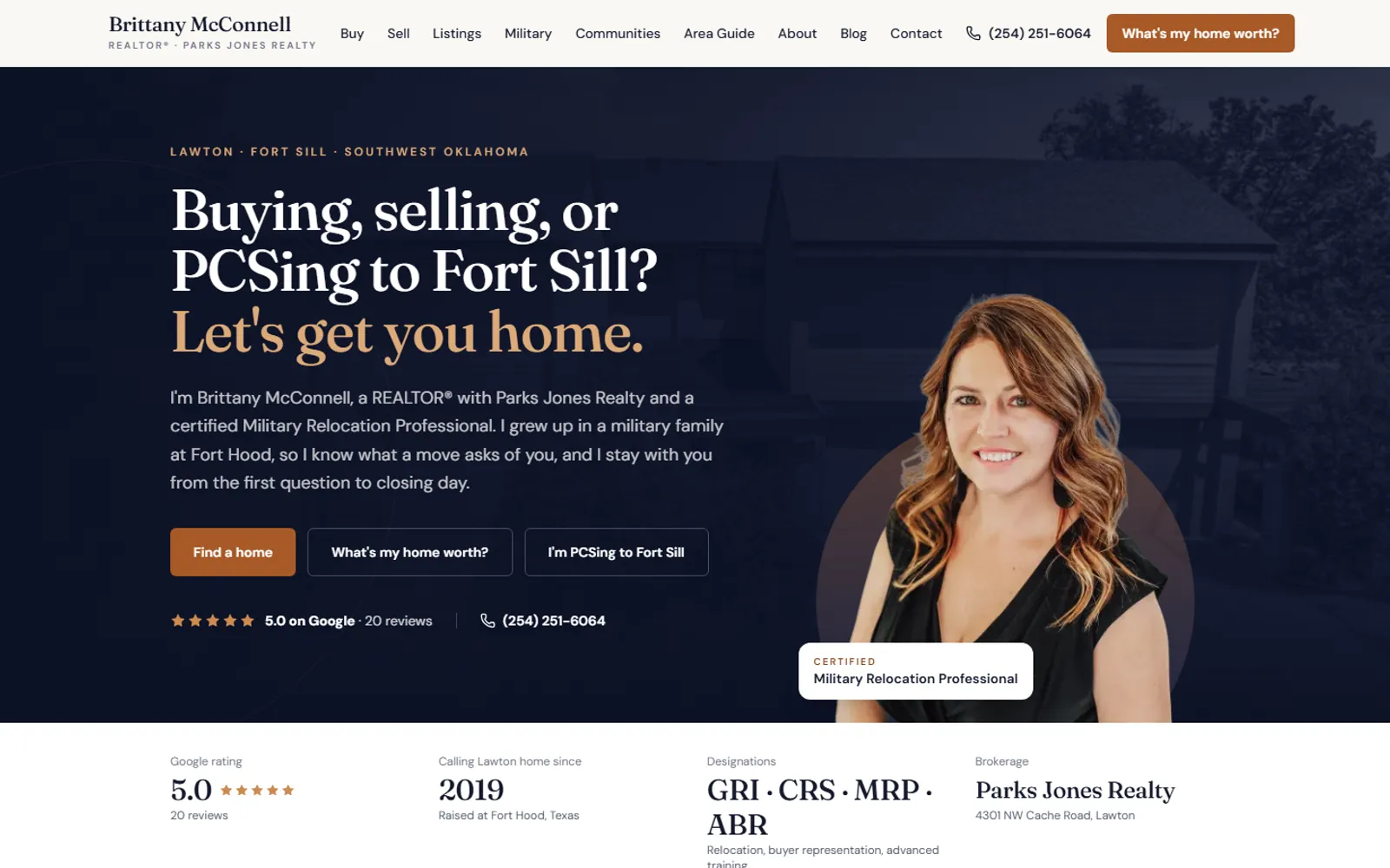 Brittany McConnell REALTOR homepage: navy hero reading 'Buying, selling, or PCSing to Fort Sill? Let's get you home.' with her portrait, three call-to-action buttons and a customer rating strip