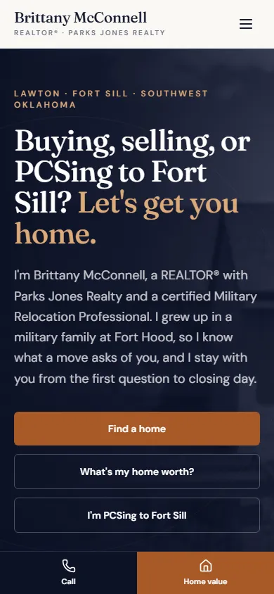 Mobile view of the Brittany McConnell homepage with stacked buttons and a sticky Call / Home value bar at the bottom