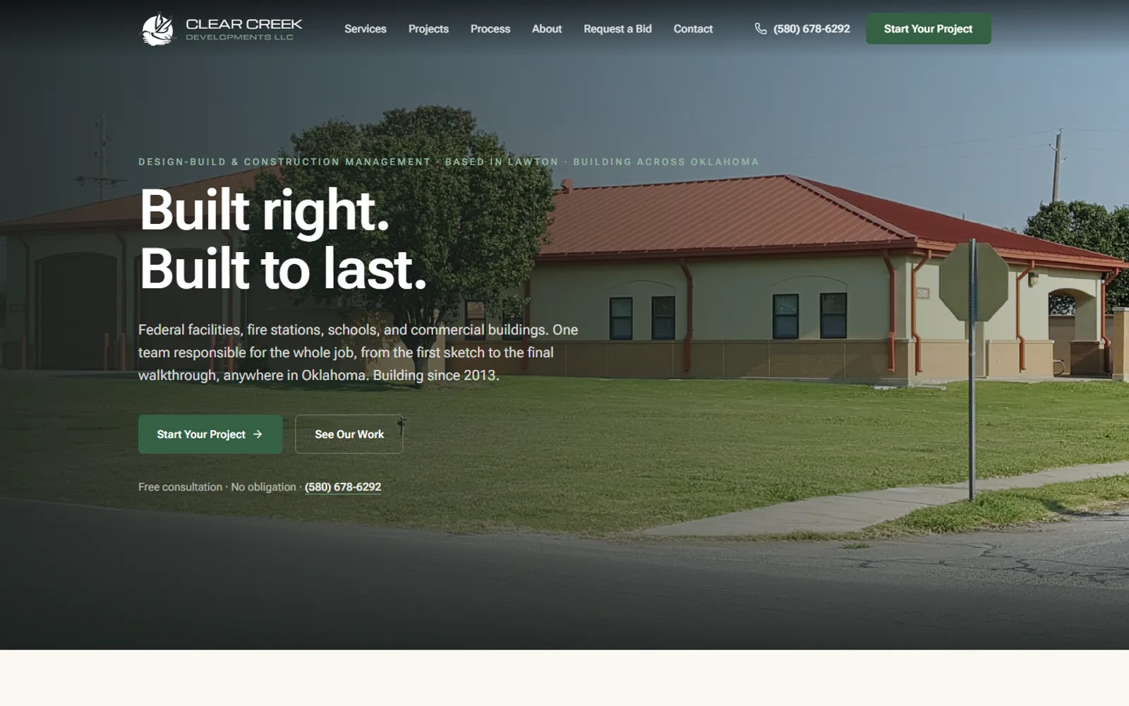 Clear Creek Developments homepage hero: 'Built right. Built to last.' over a photo of a municipal fire station the company built