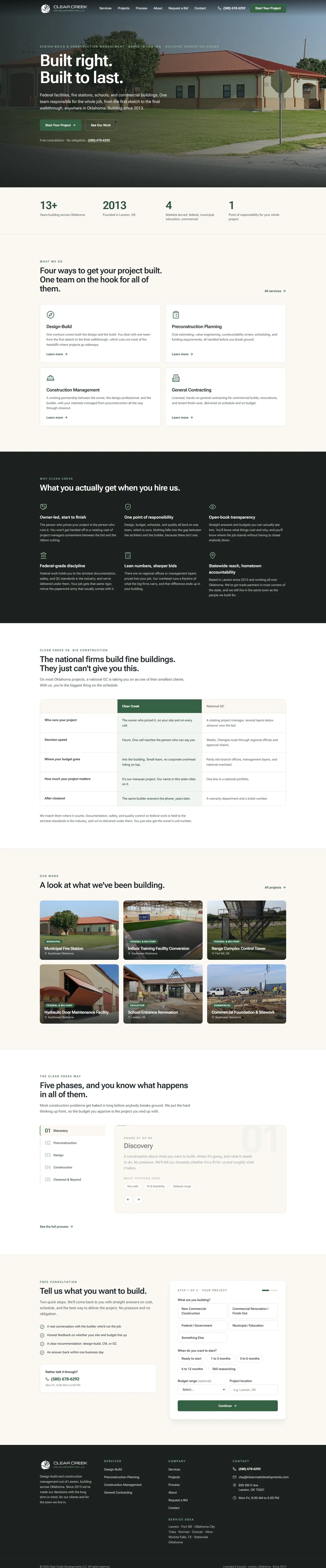Full Clear Creek Developments homepage: hero, stats band, four services, why-hire section, comparison table against national GCs, project gallery, five-phase process, and a multi-step consultation form
