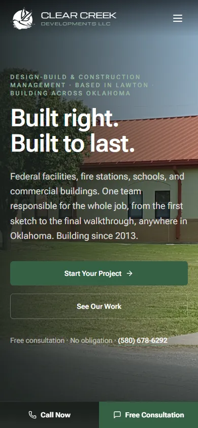Clear Creek Developments homepage on a phone, with a sticky Call Now / Free Consultation bar at the bottom