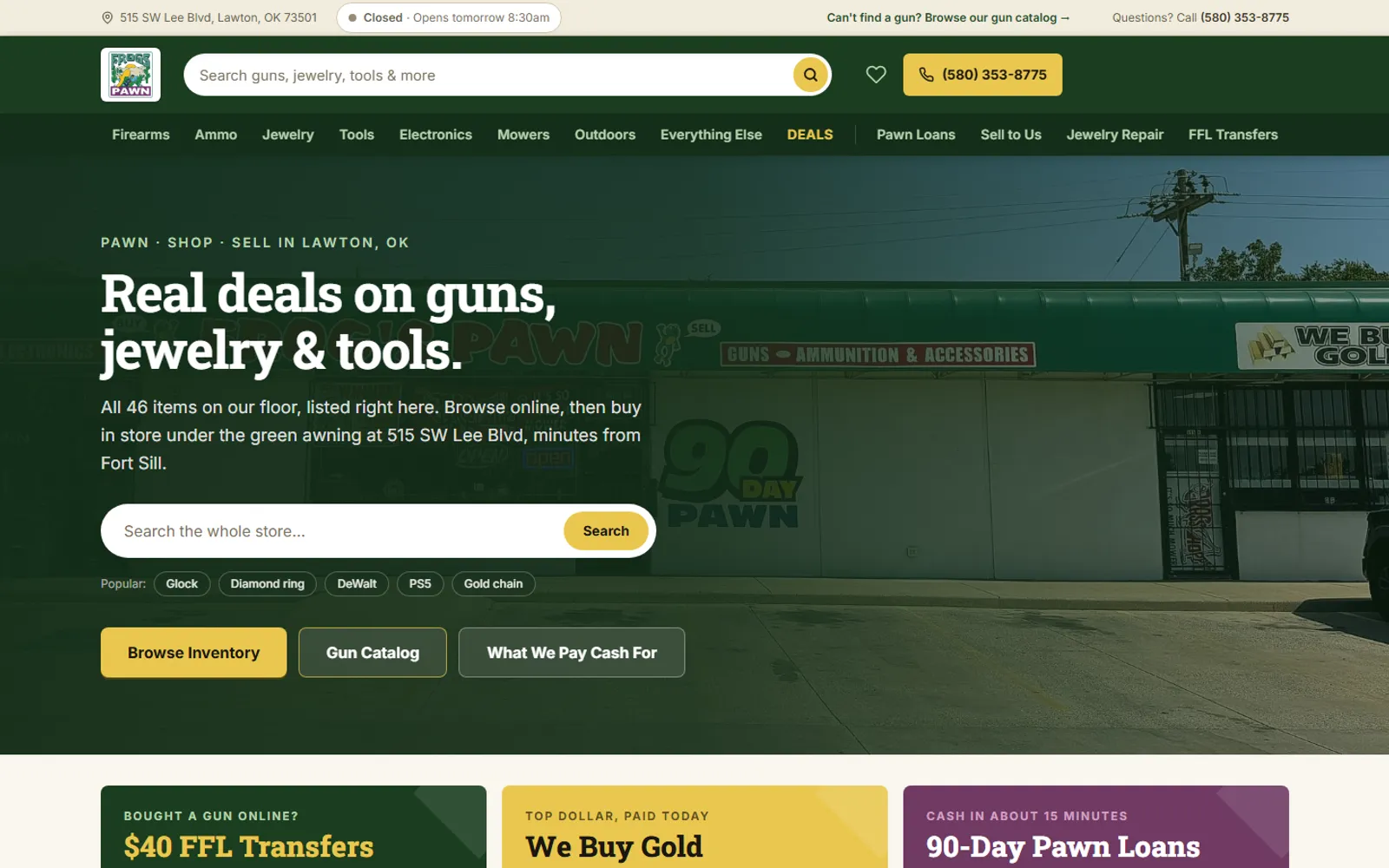Frog's Pawn homepage: green storefront hero with store-wide search, popular searches and Browse Inventory button