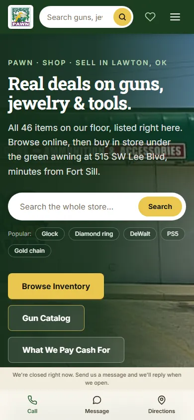 Frog's Pawn homepage on a phone with search, popular chips and a sticky Call / Message / Directions bar