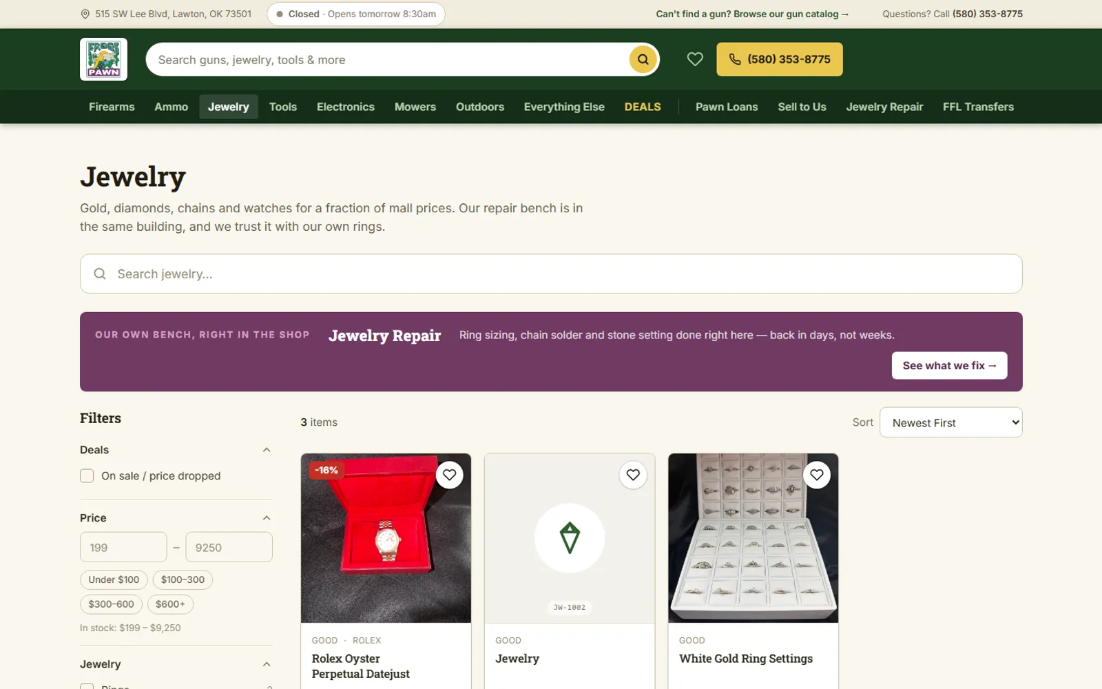 Jewelry category page with price filters, sort menu, jewelry repair promo banner and item grid