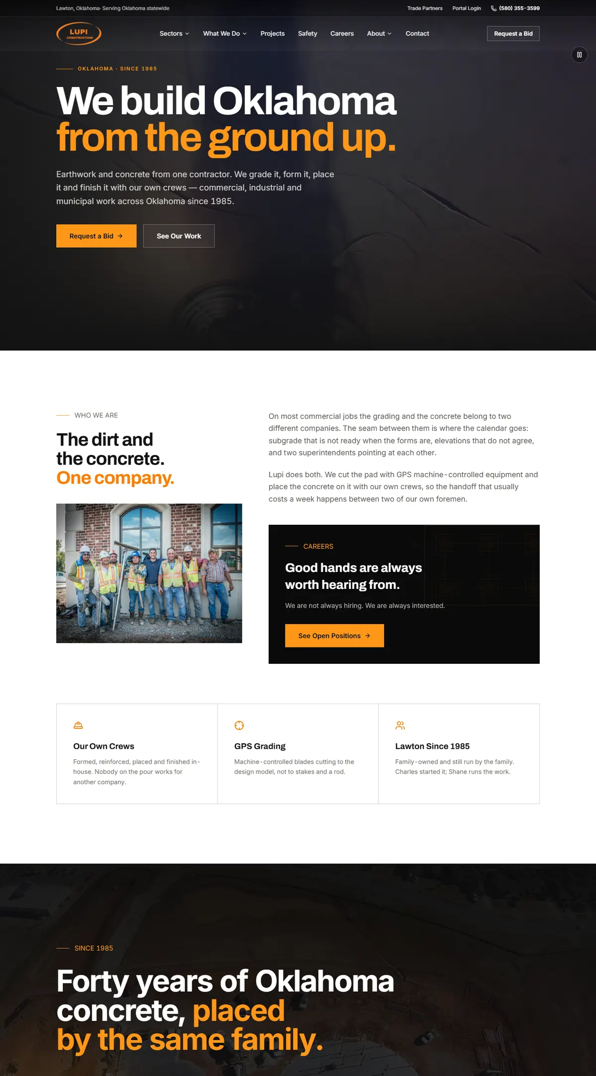Lupi Construction homepage scrolled: hero, 'The dirt and the concrete. One company.' section with a crew photo, a careers callout, three differentiator cards, and a 'Forty years of Oklahoma concrete' band