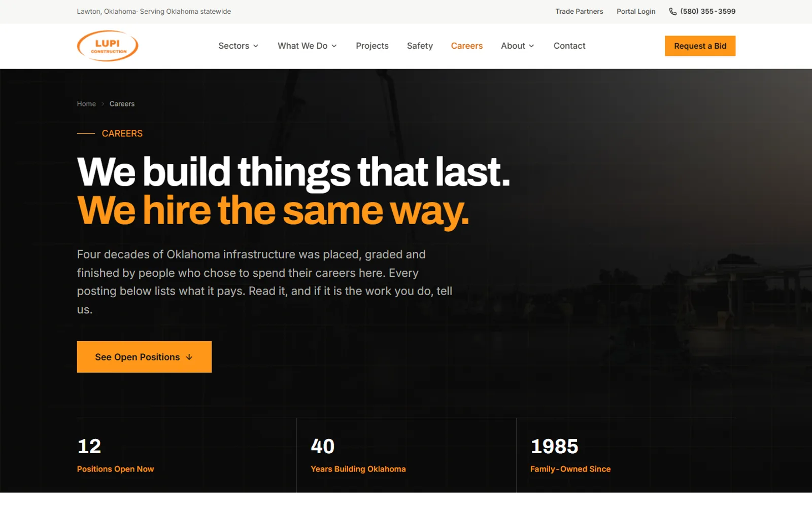 Lupi Construction Careers page: 'We build things that last. We hire the same way.' with an open-positions button and hiring stats