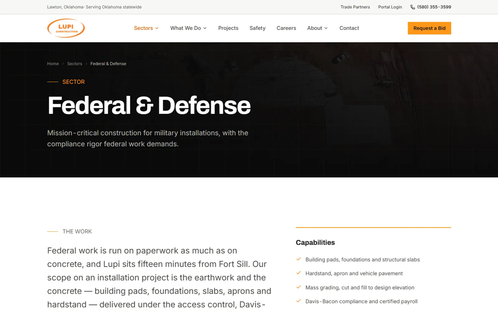Lupi Construction Federal & Defense sector page with breadcrumb, intro copy about Fort Sill work, and a capabilities checklist
