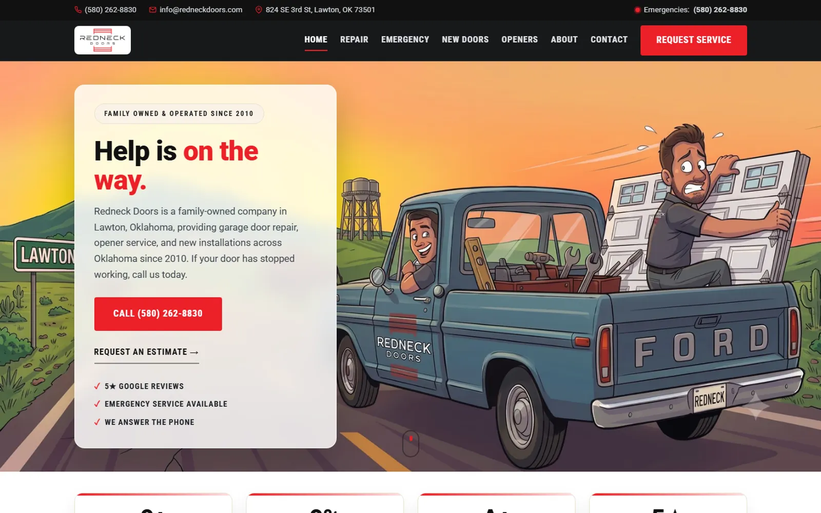 Redneck Doors homepage hero: an illustrated pickup truck hauling a garage door past a Lawton sign, next to a 'Help is on the way' card with a call button