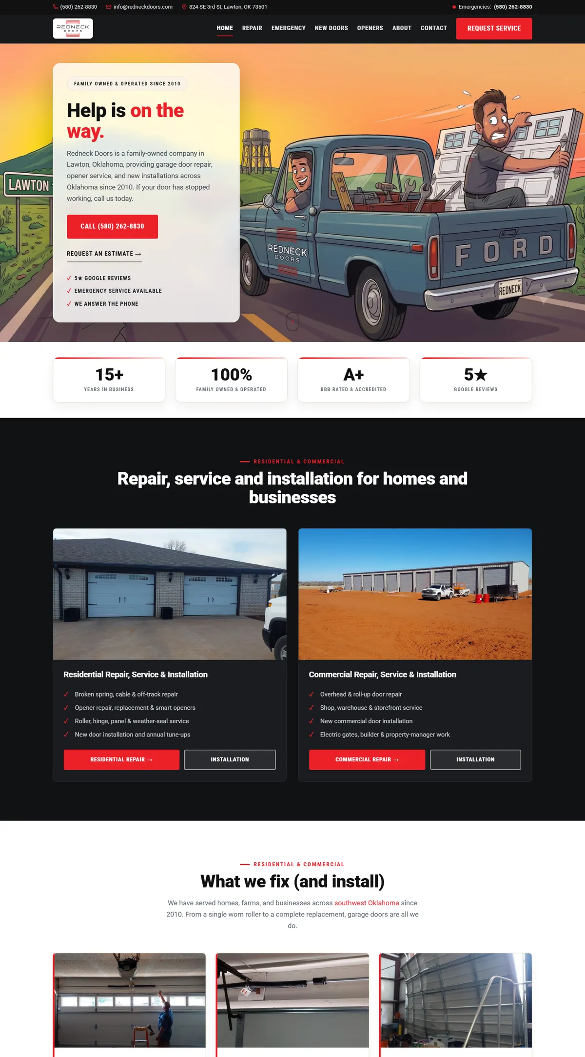 Full Redneck Doors homepage showing the hero, trust stats, the residential and commercial service panels, and the service cards
