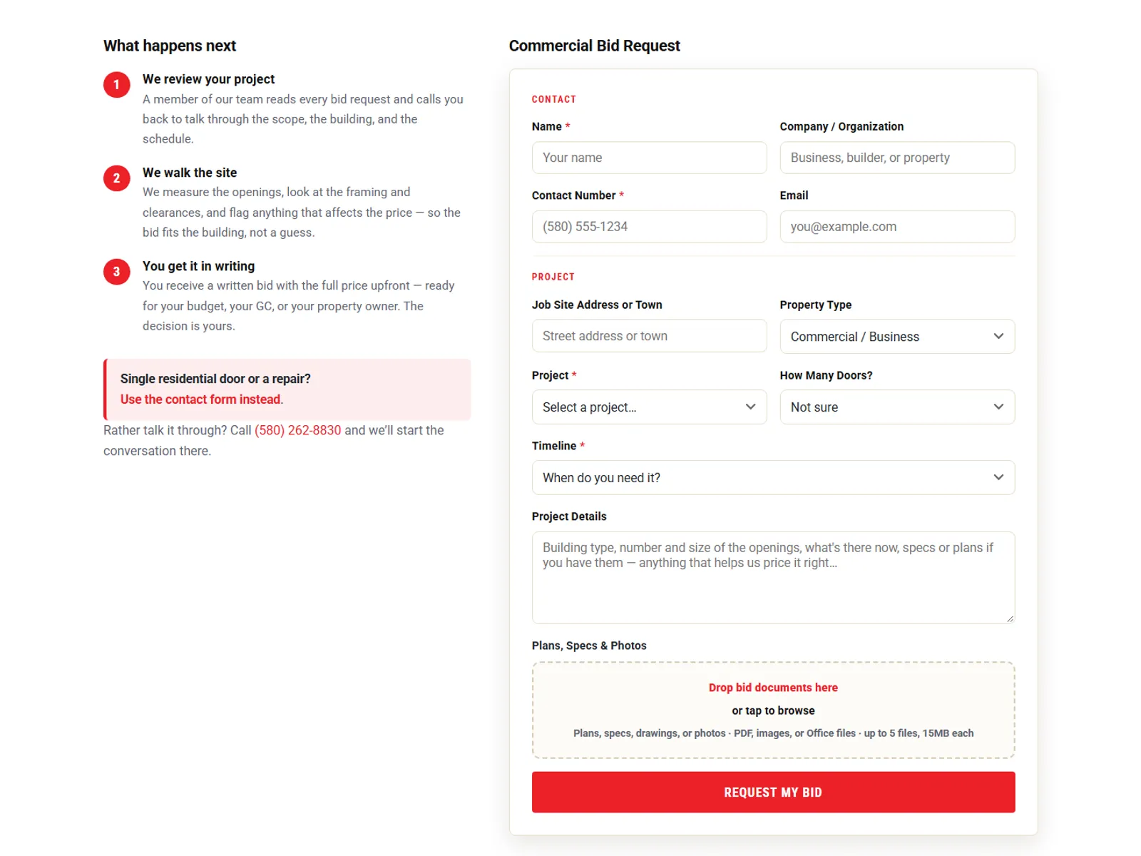 Commercial bid request form with contact and project fields, a door-count selector, and a drag-and-drop area for plans and photos